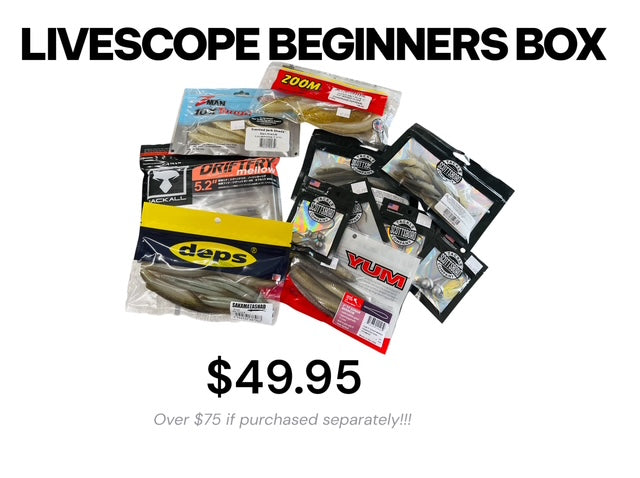 Livescope Beginners Box with various fishing lures and accessories on a white background.