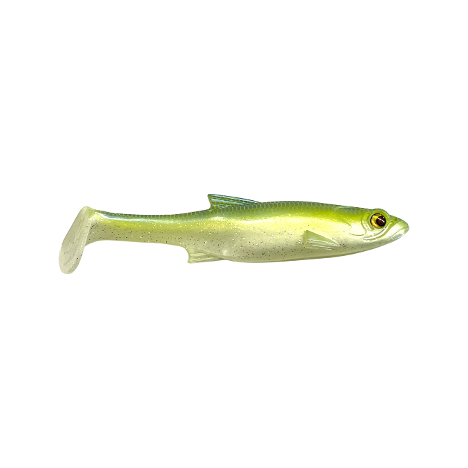 Bass Mafia Daingerous SwimBait in Chartreuse Blue color against a white background